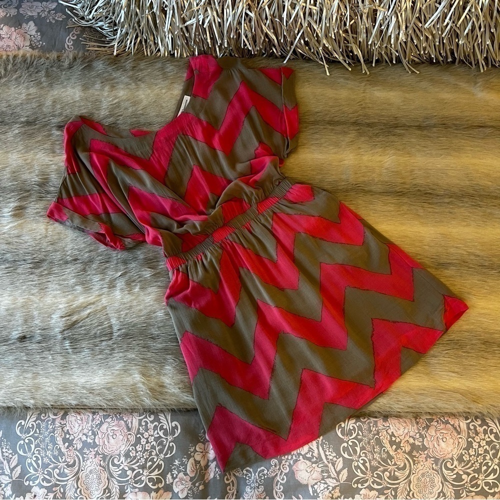 Vintage BCBGeneration Khaki Pink Zig Zag Elastic Waist Loose Fit S Boat Neck 90s